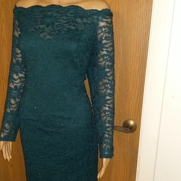 Sparkly Green off the Shoulder Dress Size 16 - Picture 3 of 6